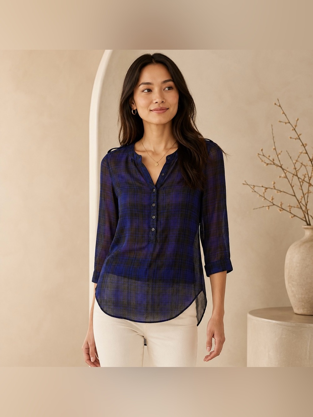 Express Semi Transparent Plaid Blouse Women’s XS Blue Black Sheer Button Top